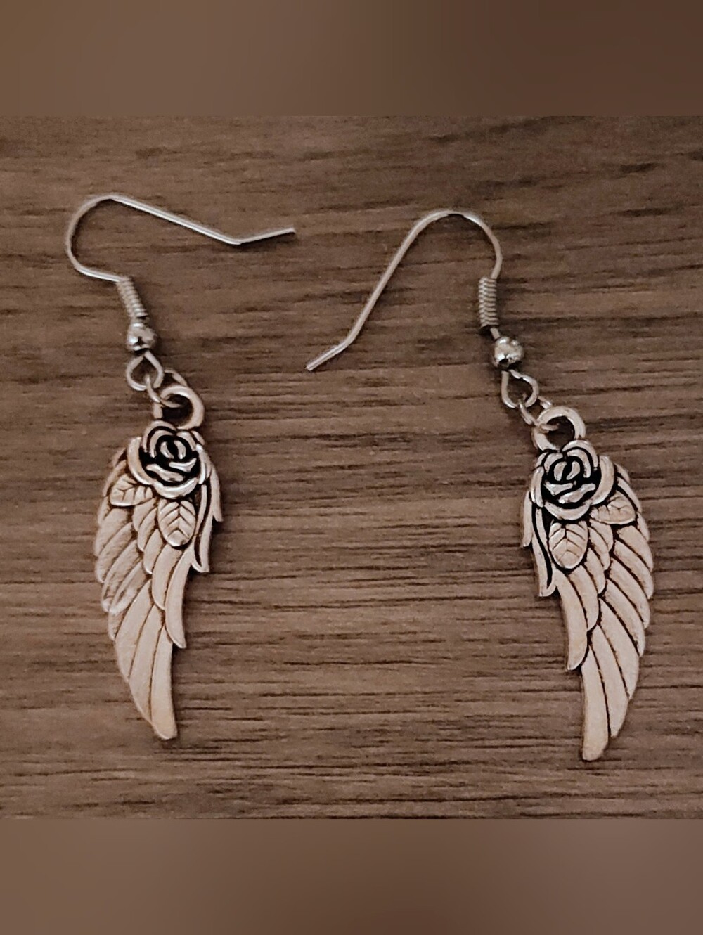 Silver-Tone Rose Wing Drop Earrings - Handmade